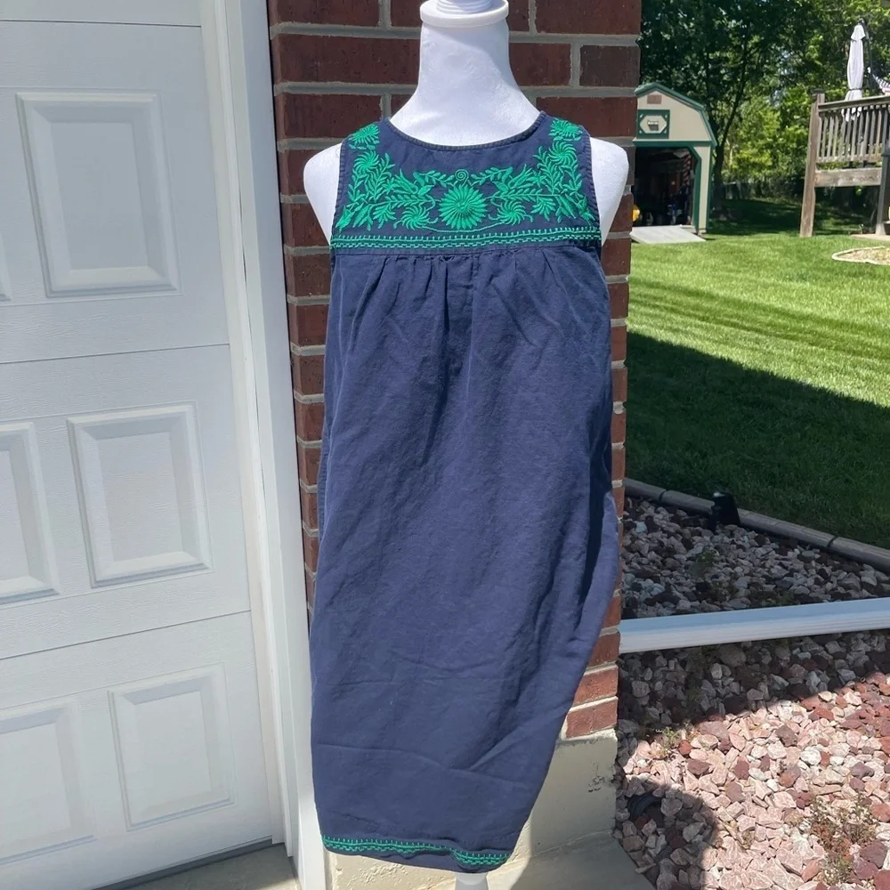 J. Crew Blue and Green Embroidered Linen Blend Sleeveless Sundress, Size Small